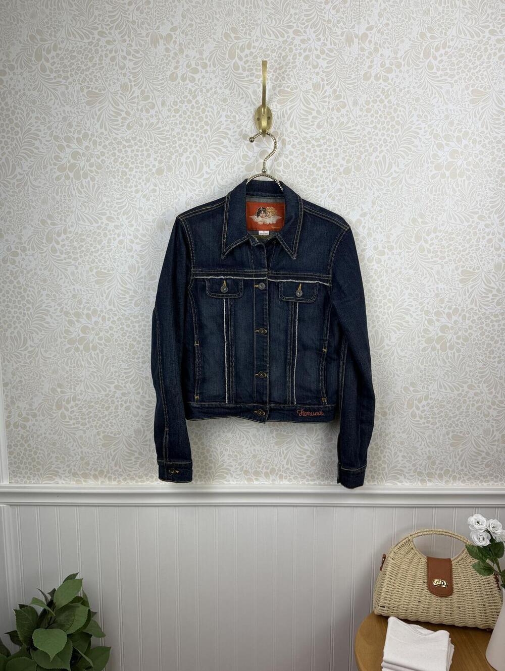Fiorucci Vintage Dark Wash Embroidered Angel Wings Denim Jacket  - Size - Small